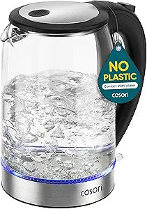 Cosori Electric Kettle, No Plastic Contact With Water, Wide Mouth For Easy Cleaning, Auto Shut Off, 1.7L Tea Kettle & Hot Water Boiler, Water Heater & Teapot, Borosilicate Glass, Black, 1500W